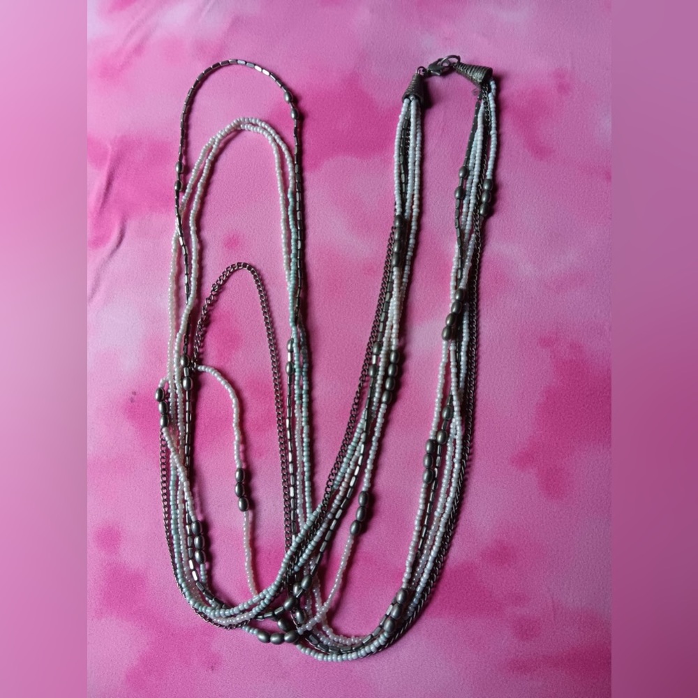 two-tone beaded necklace, silver tone